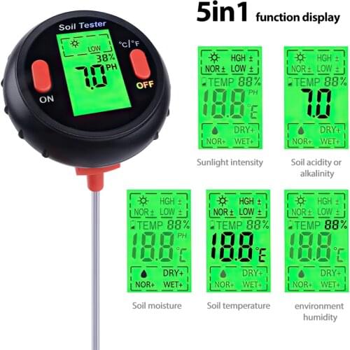 5 in 1 Soil PH Meter Tester LCD Digital Display Soil Moisture Humidity Monitor Sunlight Temperature Tester For Garden Planting