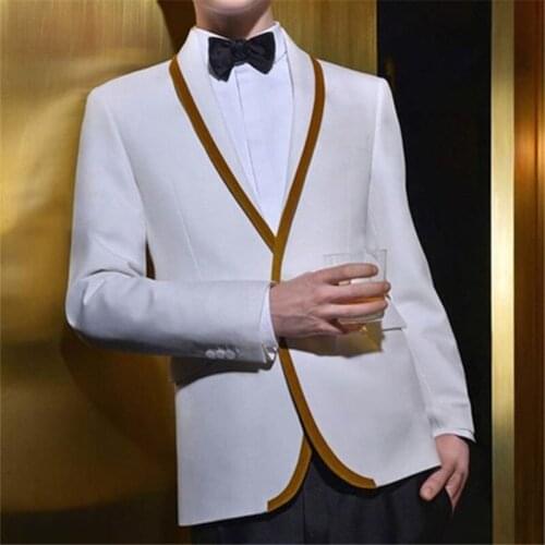 White Gold Trim Men Suits Summer Style 2Pieces(Jacket+Pants+Tie) Ternos Masculinos Slim Fit Wedding Suits Grooms Tuxedos Blazer