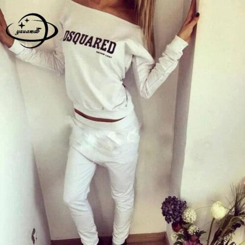 Womens Set Spring Autumn Female T Shirt+Pants 2pcs Suits Long Sleeve Slash Neck Pullover Letter Ladies Clothes H36