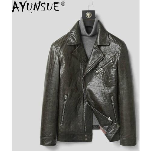 AYUNSUE 2020 New Mens Sheepskin Leather Jacket Men Clothing Motorcycle Jackets Short Autumn Coat Male Chaqueta Hombre :LXR958