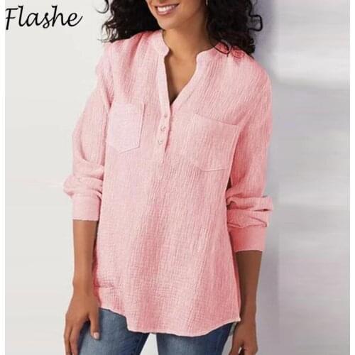 Fashion Women Blouse Shirt Ladies V Neck Button Shirt Women Spring Summer Long Sleeve Shirt Loose Tops Solid Pullover 2021