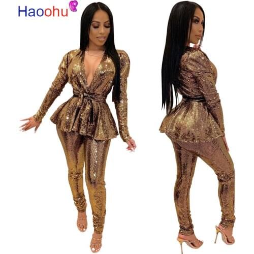 HAOOHU Fashion Sequins Gilding Two Piece Set Sexy Deep V Neck Puff Long Sleeve Ruffle Blazer Jacket Top with Belt Pencil Pants