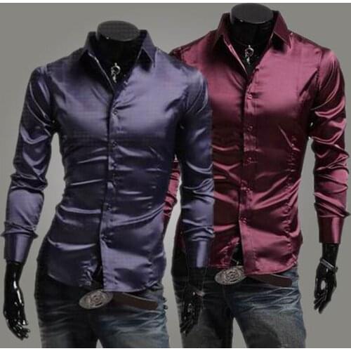 Wholesale 2020 Spring summer Casual emulation silk shiny leisure men long sleeve shirt male business dance nightclub shirt