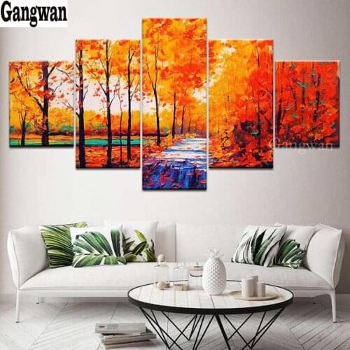5 Piece yellow forest tree diamond painting art natural landscape Painting full square round diamond embroidery Multi-Picture