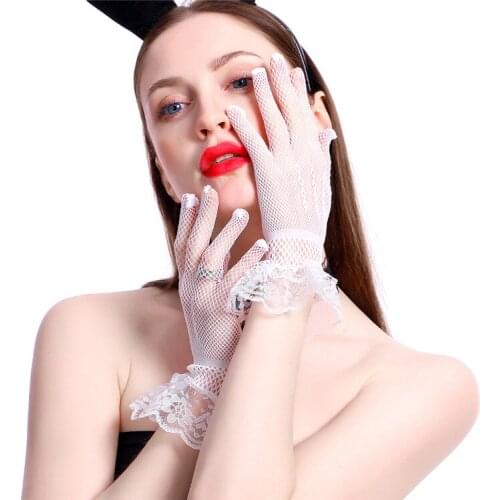 New 1 Piece Grace Spring Autumn Summer Women Short Tulle Gloves Stretchy Lace Black White Color Ladies Flexible Full Finger