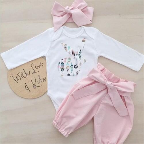 Newborn Clothes Baby Girl Long Sleeve Rabbit Romper Infant T Shirt + Girls Pink Bow Pants + Headband Kid Outfits 3PCS Set