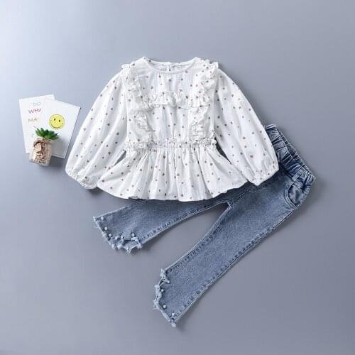 2-7 years high quality girl clothing set 2020 new autumn fashion orange white solid shirt + denim pant kid children clothing