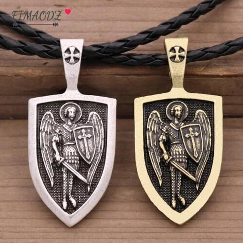FIMAODZ Archangel St Michael Necklace Protect Me Saint Cross Shield Protection Mens Pendant Necklaces Talisman Jewelry
