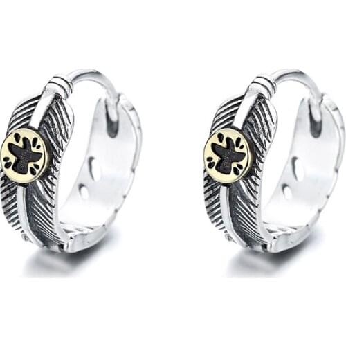 Retro Silver Earrings Circles Feather Personality Unisex 925 Sterling Silver Earrings Popular Temperament Silver Earrings Female