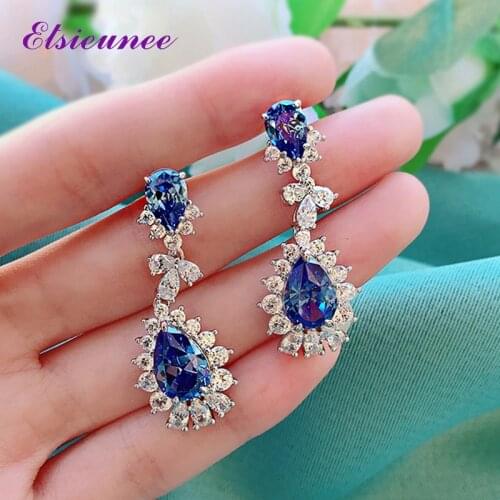 ELSIEUNEE 100% 925 Sterling Silver Sapphire Simulated Moissanite Gemstone Drop Dangle Earrings Women Fine Jewelry Drop Shipping