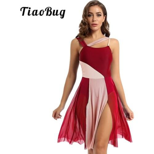 TiaoBug Women Sleeveless Mesh Color Block Gymnastics Leotards Ballet Figure Skating Dress Contemporary Lyrical Dance Costumes
