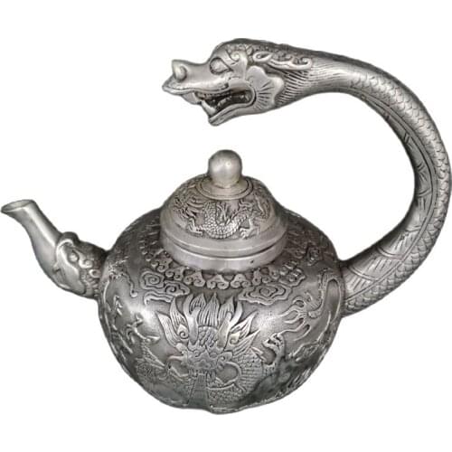 Chinese old Tibet Silver Carving Dragon Handle Shaped Wine Pot