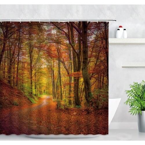 Dream Forest Path Red Maple Tree Waterproof Fabric Shower Curtains Leaves Autumn Scenery Modern Decor Hooks Bathroom Curtain Set