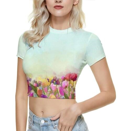 Womens Summer Skinny T-shirt 2021 Print Hit Color Navel Slim Short Sleeve Round Neck Casual Hedging T-shirt Ladies
