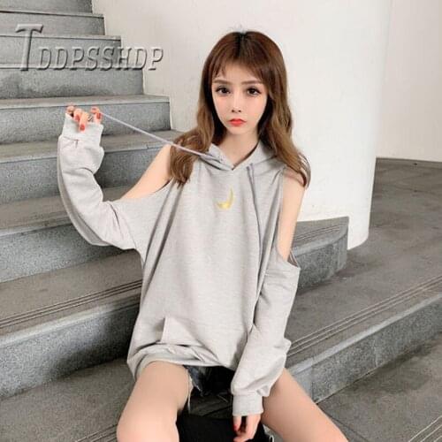 2019 Autumn Moon Print Women Sweatshirt Hoodies Expose Shoulder Fashion Tops