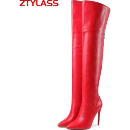 Women Boots Pu Leather Thin High Heel Over The Knee Boots Fashion Poined Toe Zipper Long Boots Autumn Winter Shoes