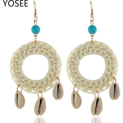 YOSEE Handmade Bamboo Hollow Round Drop Earrings For Women Korea Wood Weave Rattan Vine Braid Acrylic Triangle Pendant Earring