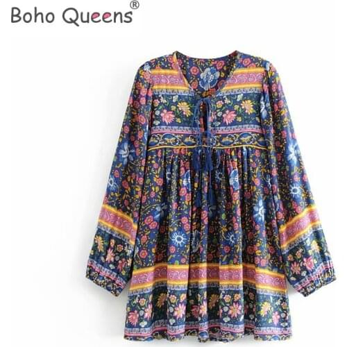 Boho Queens Women ethnic floral print long sleeve beach Bohemian mini dresses Ladies tie neck rayon happie dress vestido