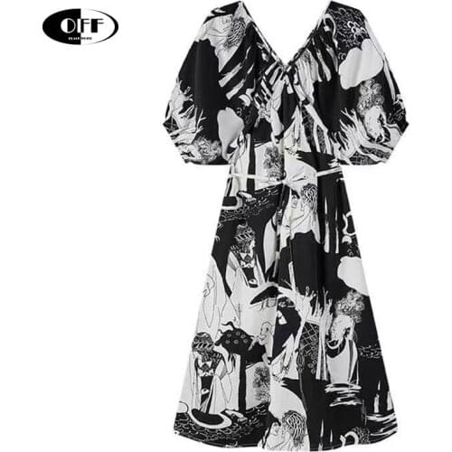 Korean Chic Vintage Printed Midi Dresses Summer Puff Short Sleeve V-neck Elegant Loose Ladies Fashion Casual Women Dress Femme