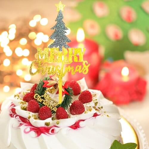 Gold Silver Glitter Christmas Merry Party Cake Toppers Decoration Christmas Tree Snowflake Acrylic Cake insert Card