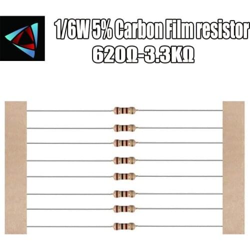 100pcs 1/6W 5% Carbon Film Resistor 620R 680 750 820 910 1K 1.2K 1.3K 1.5K 1.6K 1.8K 2K 2.2K 2.4K 2.7K 3K 3.3K ohm