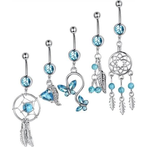 5PCS Bohemian Piercing Navel Turquoises Crystal Dangle Stainless Steel Dream Catcher Belly Button Ring navel piercing jewelry