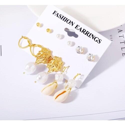6pairs/set Simple Gold Color Metal Shell Star Pendant Drop Earrings Women Trendy Beach Zircon Pearl Exquisite Earrings Jewelry