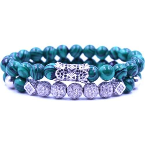 8mm 2PCS/Set jg6f silver t43 elastic adjusted nature malachite bead micro pave cz zircon cubic zirconia tube Bracelet