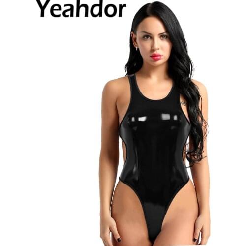 Womens Adults One-piece Wetlook PU Leather Bodysuit Clubwear Sleeveless Open Back High Cut Slim fit Tank Thong Leotard Nightwear