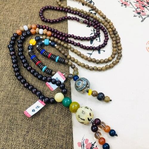 Zheru Natural Bodhi Prototype Amulet Pendant with Multicolor Wooden Bead Necklace Exquisite Men and Women Sweater Chain