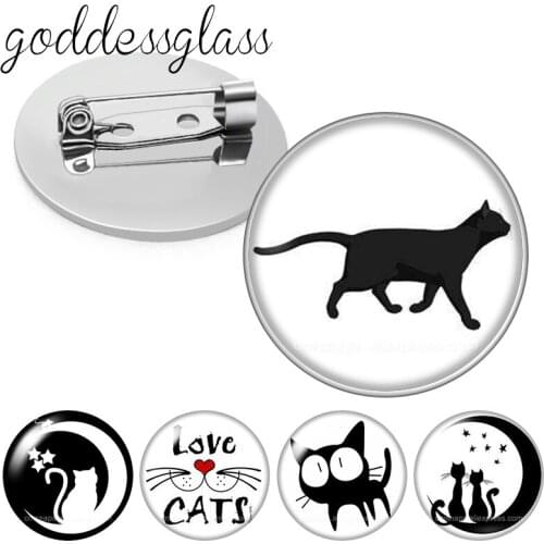Black Cat lovely Cartoon cats Pet paintings Round Glass cabochon Brooch Dome Photo Jewelry Brooches Pin For Gift