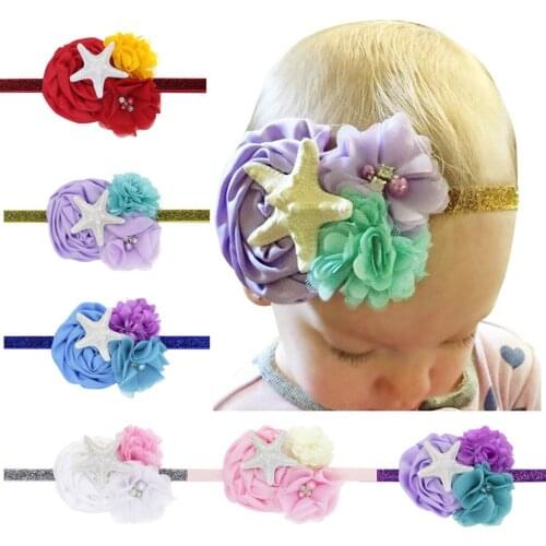 Starfish Mermaid Headband For Girls Shabby Chiffon Flower Gold Glitter Elastic Hairband Kids Satin Rose Flowers Hair Accessories