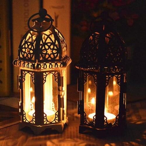 European Moroccan Wrought Iron Glass Candle Holder Home Bar Wedding Classical Creative Decoration Hanging Place Table Wind Lamp