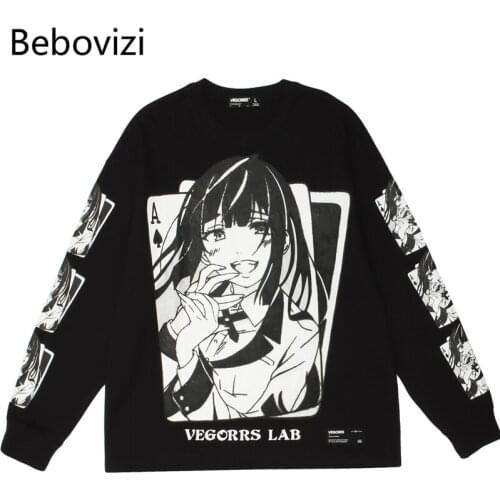Japanese Anime Print T-Shirt 2021 Men Hip Hop Streetwear Oversize T Shirt Harajuku Cotton Loose Spring Long Sleeve Tshirt Black