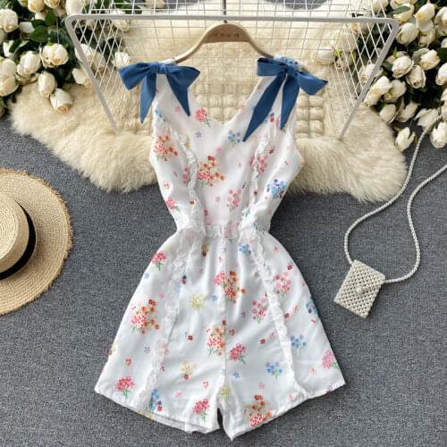 Summer Womens Jumpsuit Korean Holiday Style Bowknot Lace Short Wide-leg Jumpsuit New Waist Slim Female Jumpsuits FC084