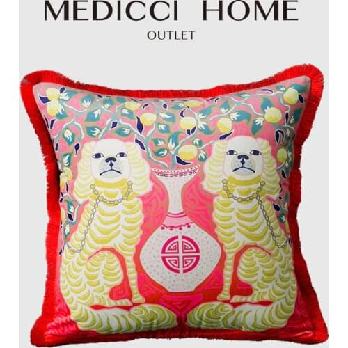 Medicci Home Fringed Cushion Cover Oriental Mystical Animals Red Color Retro Lumbar Pillow Case Living Room Sofa Bedroom Decor