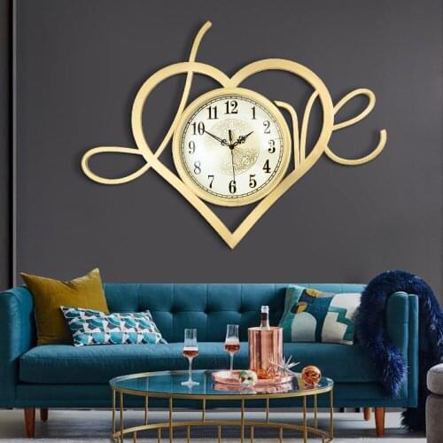 Living room wall clock copper heart-shaped LOVE restaurant clock creative mute simple bedroom wedding room decoration clock