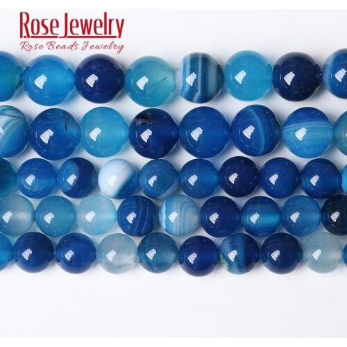 Natural Stone Blue Striped Onyx Agates Round Loose Beads 15" Strand 4 6 8 10 12 MM Pick Size For Jewelry Making DIY