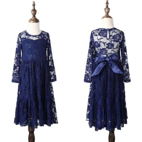 New Baby Girls Dresses Children Long Sleeves Lace Hallow Out Long Maxi Dresses Fashion Kids Clothes