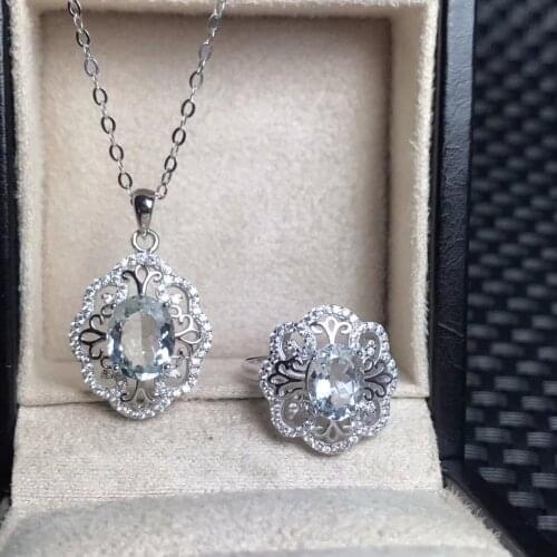 Single gem 3 karat Aquamarine suit high-end color treasure monopoly 925 silver luxury craft