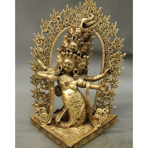 Wholesale factory 12 Folk Tibet Brass Buddhism 4 Arms 9 Head Mahakala Buddha Snake Tail Statue