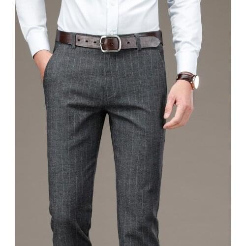 Autumn Winter Mens Pants Straight Striped Suit Pant Clothing Office Formal Trousers for Man Gray Black blue