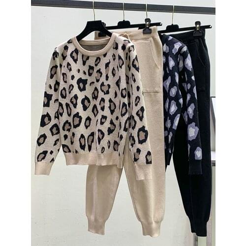 Autumn Suit Knited Two Piece Sport Sets Casual Women Long Sleeve Leopard Sweater Pullover+Slim Harem Pants Knit Suits Female