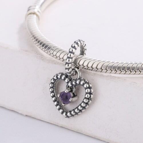925 Sterling Silver Purple Month Stone Heart Hanging Crysta Pendant Charm Bracelet DIY Jewelry Making For Original Pandora