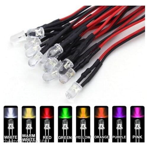 20pcs/lot 3mm Pre-Wired LED Ultra Bright Water Clear Bulb 9v-12V Prewired LED