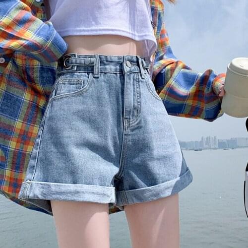 FTLZZ Summer New Women Adjustable Waist Slim Short Jeans Lady High Street Wide Leg Short Pants Female High Waist A-line Shorts