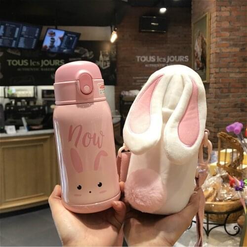 350ml/560ml Cartoon Unicorn Stainless Steel Straw Thermos Cup Girls Cute Animal Rabbit Dinosaur Vacuum Flask Mug With cup Sleeve