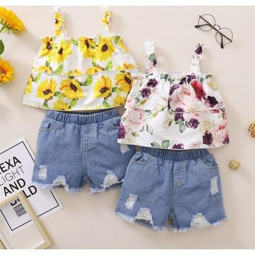 Baby Girl Summer 2 Pieces Kids Childrens Sets Toddler Girls Sleeveless Flower Print Tank Tops + Elastic Waist Denim Shorts