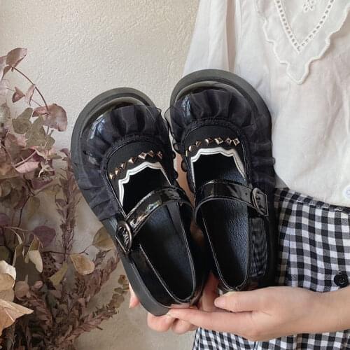 Lisapie Lolita Shoes Platform Mary Janes Shoes Maiden Lace Ruffle Round Toe Rivet Black Retro Cosplay Kawaii Leather Shoes