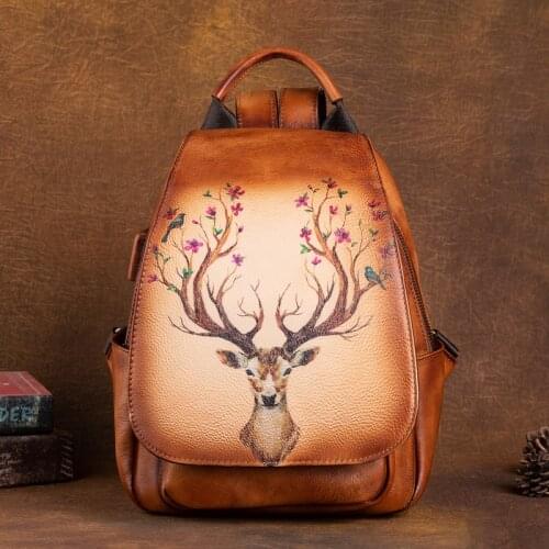 Vintage Genuine Leather Women Backpack Travel Bags 2021 New First Layer Cowhide Hand Painted Large Capacity Anti Thief Backpacks